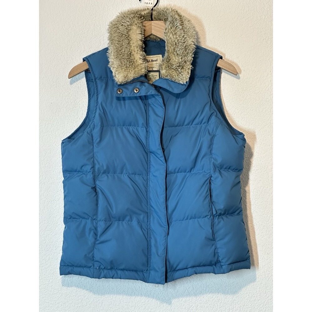 LL Bean Goose Down Puffer Vest‎ Blue Size Small Faux Fur Trim Full Zip